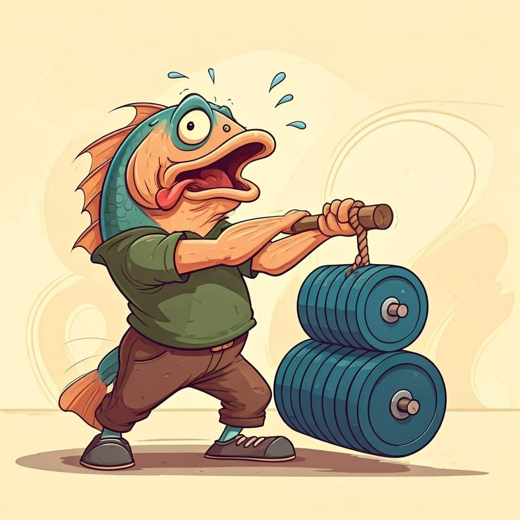 Exaggerated Cartoon Fish Lifts Weights in a Humorous Gym Sce...