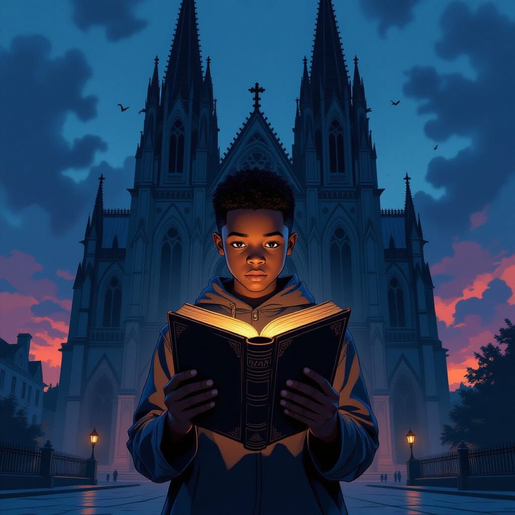 Boy Before Gothic Cathedral in Cinematic Light