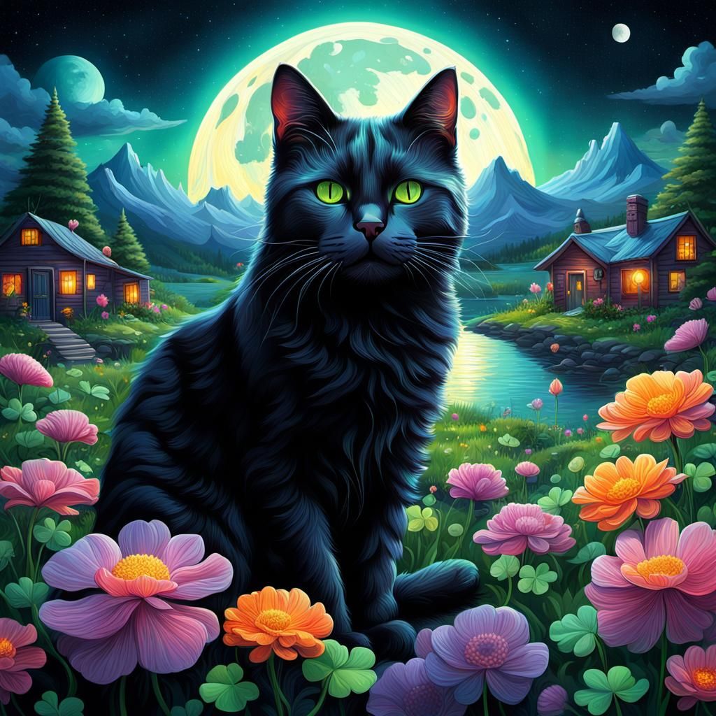 A Lucky Black Cat with some Four Leaf Clover