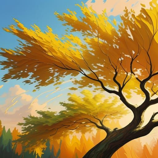 Tree Swaying in Wind: Neo-Impressionistic Impasto Painting