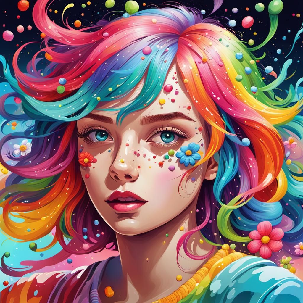 Rainbow Hair with Colorful Flowers in Digital Art Style