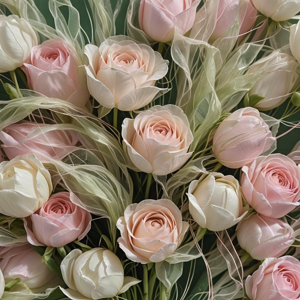 Shabby Chic Fibre Art Macro with Roses and Tulips