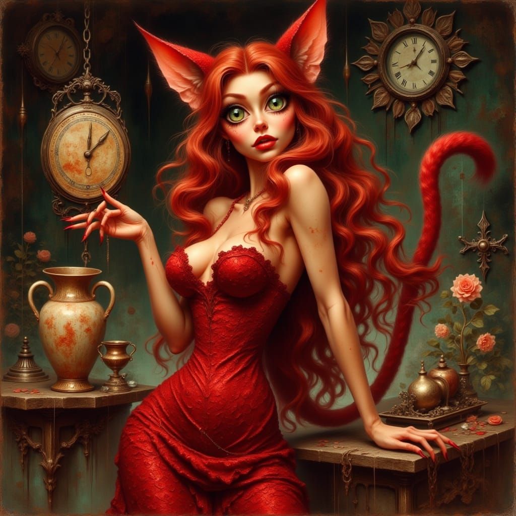 Cyberpunk Feline Femme in Crimson Red Dress