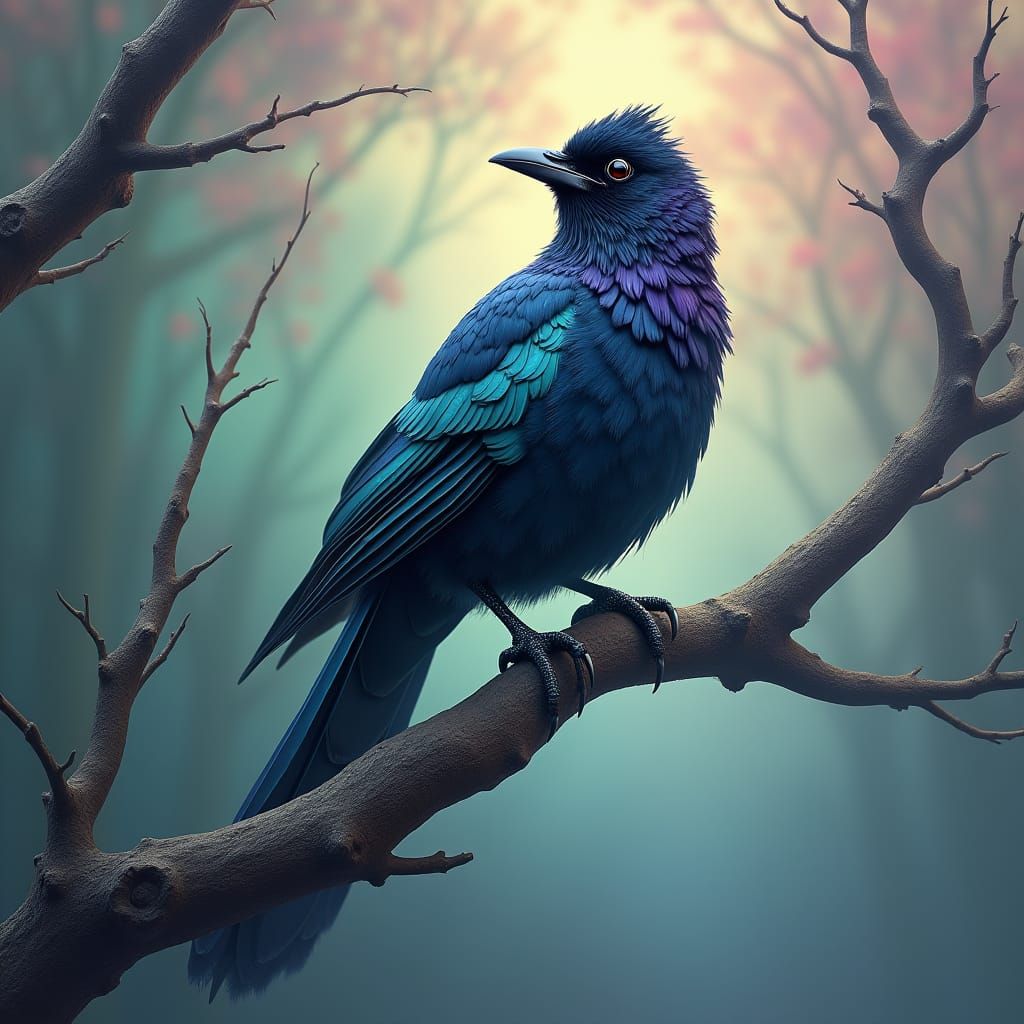 Iridescent Magpie in Dreamlike Emerald and Plum Sky