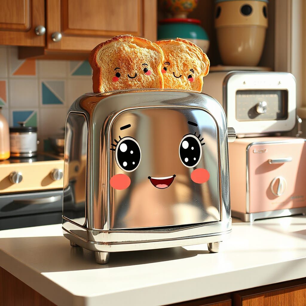 Smiling Kawaii Toaster with Toast in Playful Style