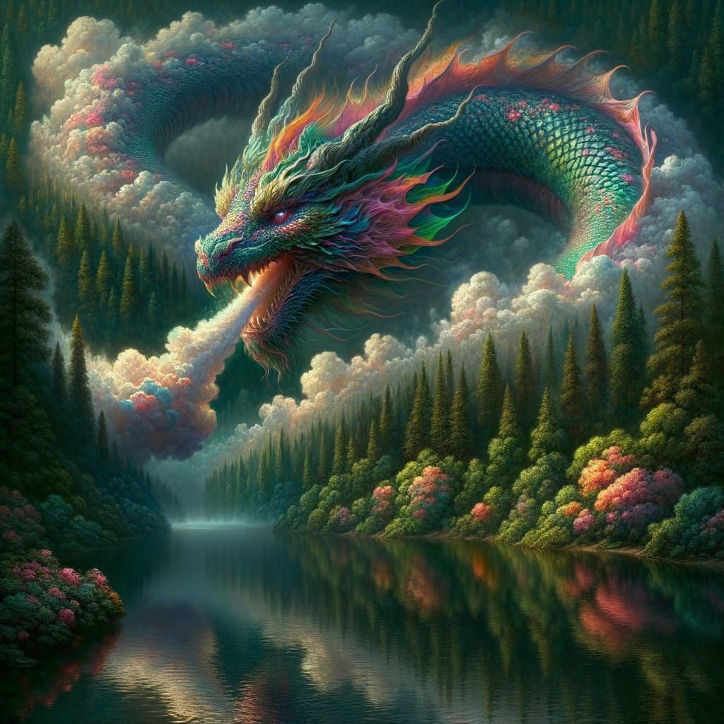 Iridescent Water Dragon Emerges at Dawn: Romantic Landscape