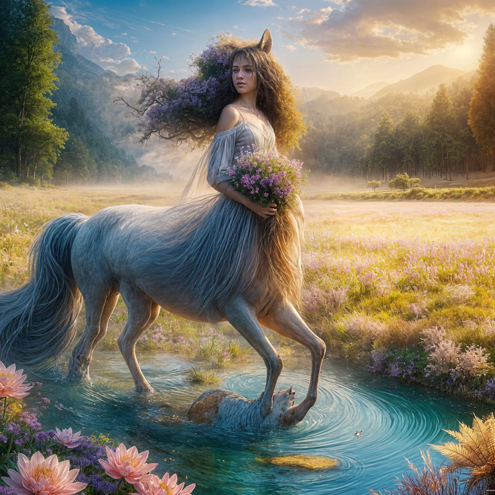 Female Centaur Playing in Ethereal Lakeside Fantasy