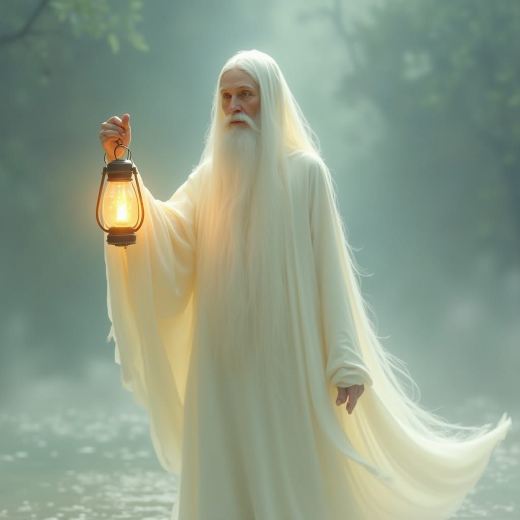 Mystical Figure with Lantern in Fantasy Landscape