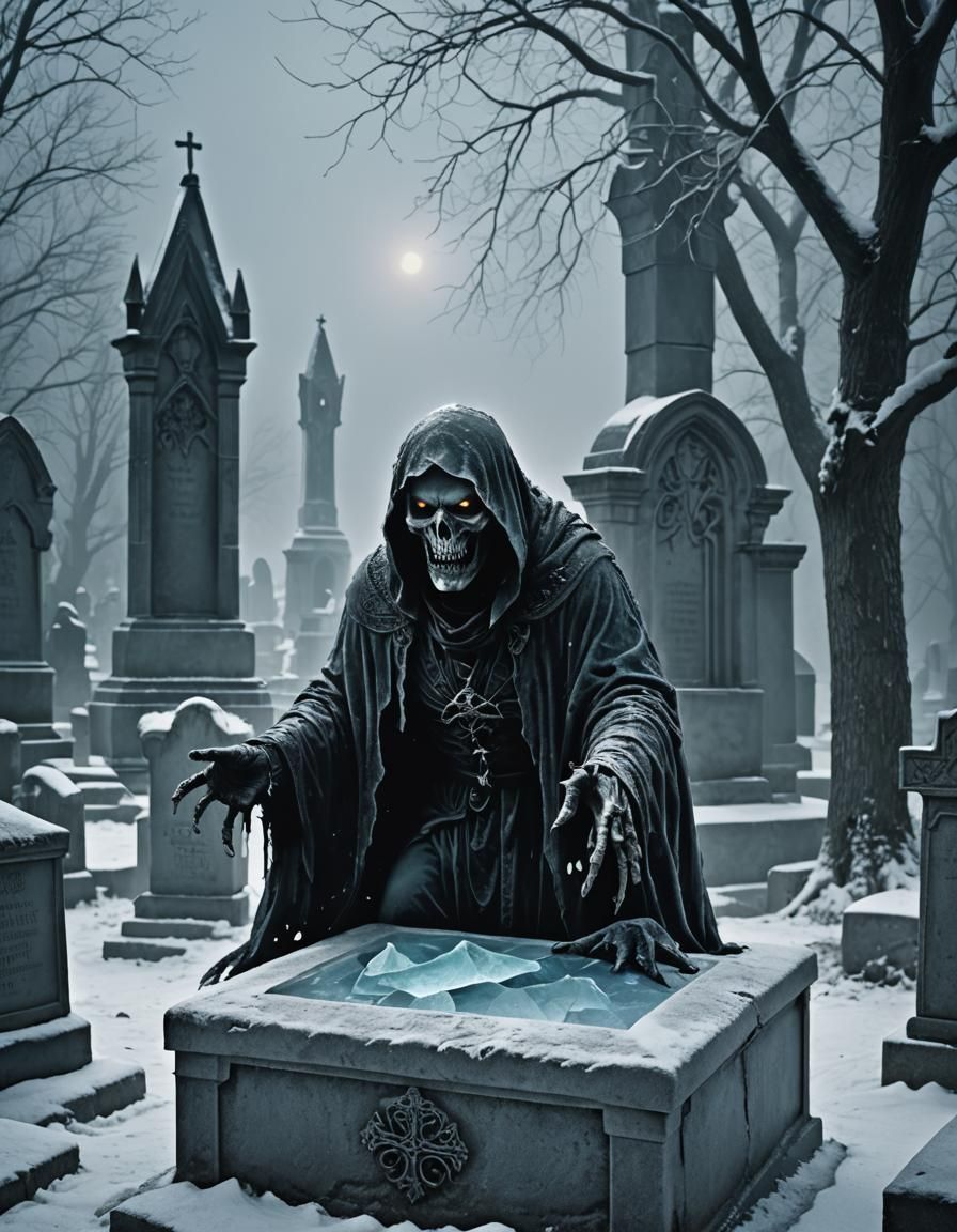 Icy Gothic Ghoul Rising in Snowy Graveyard