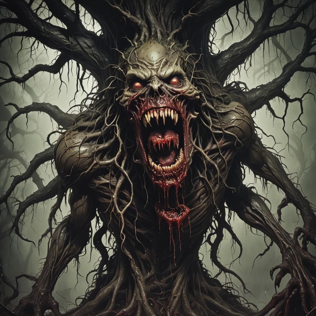 Eldritch Human-Eating Tree Monster in Dark Fantasy Style