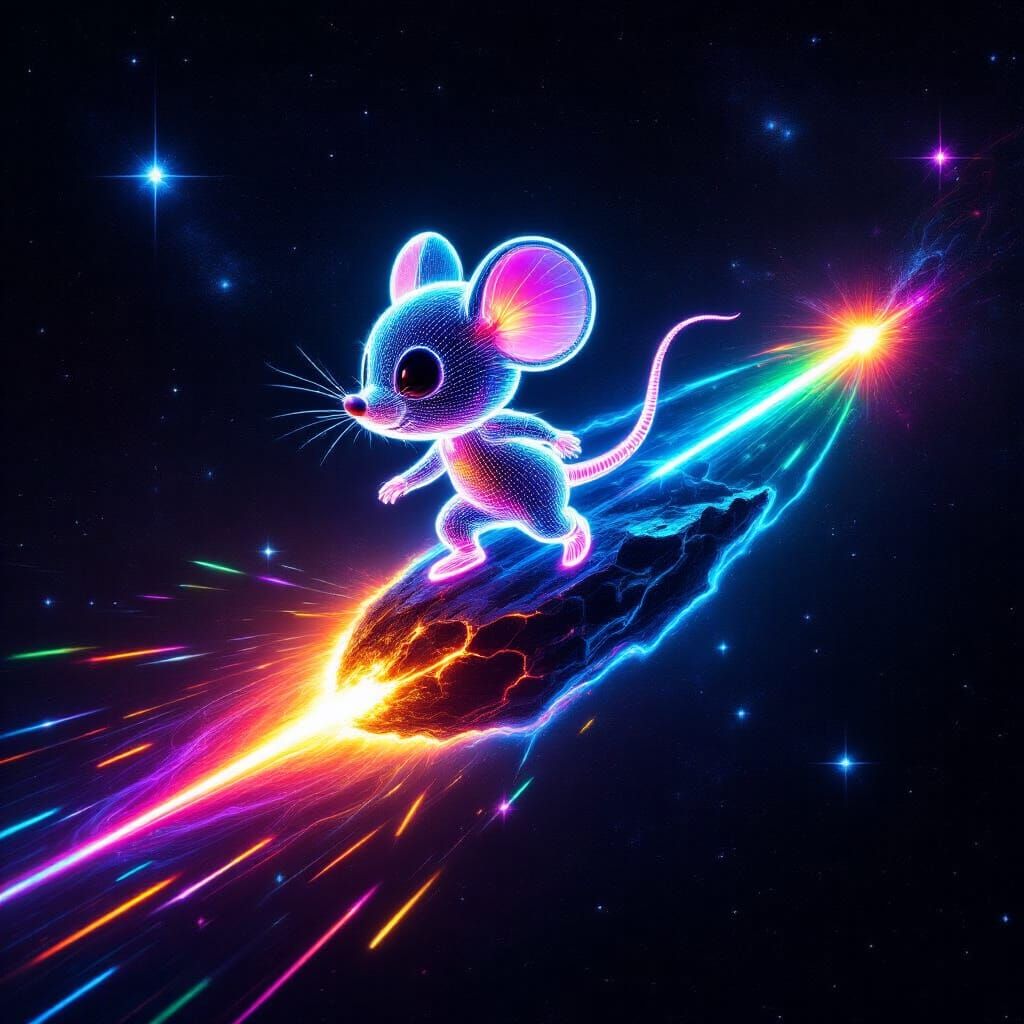 Psychedelic Laser Chibi Mouse on Meteor in Deep Space