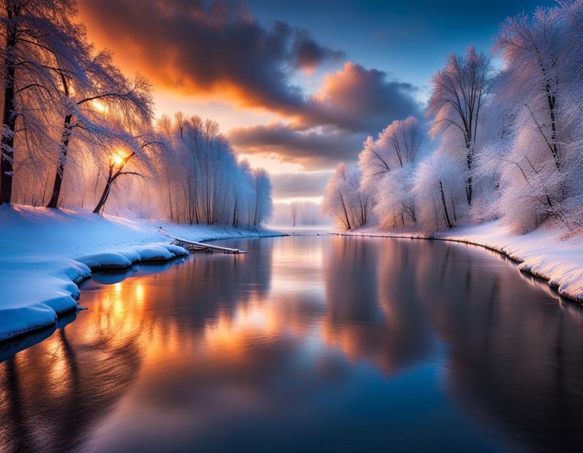 Serene Winter Riverside Landscape Photography in 8k