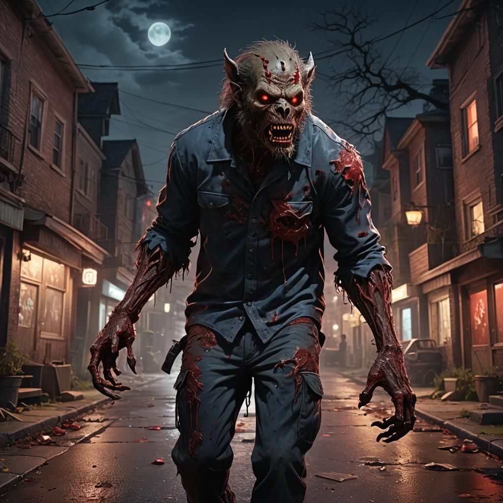 Bloody Werewolf Zombie Walks at Night: 8K Art