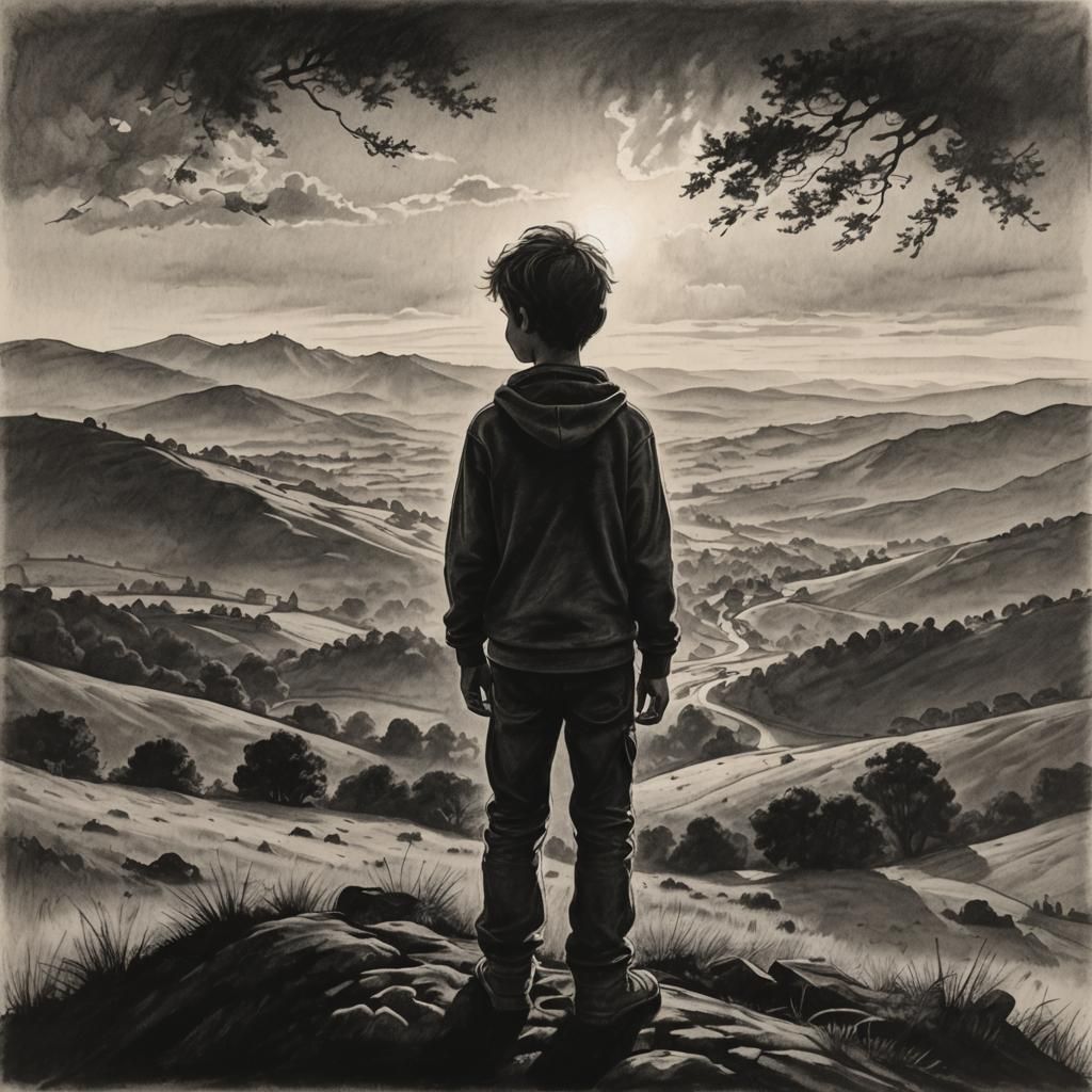 Boy's Silhouette on Hill in Charcoal Style