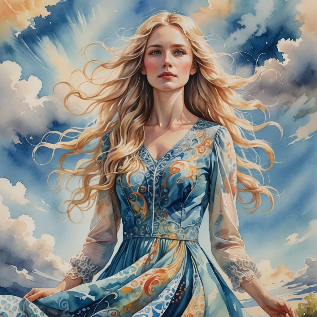 Whimsical Watercolor Woman in Fantasy Landscape