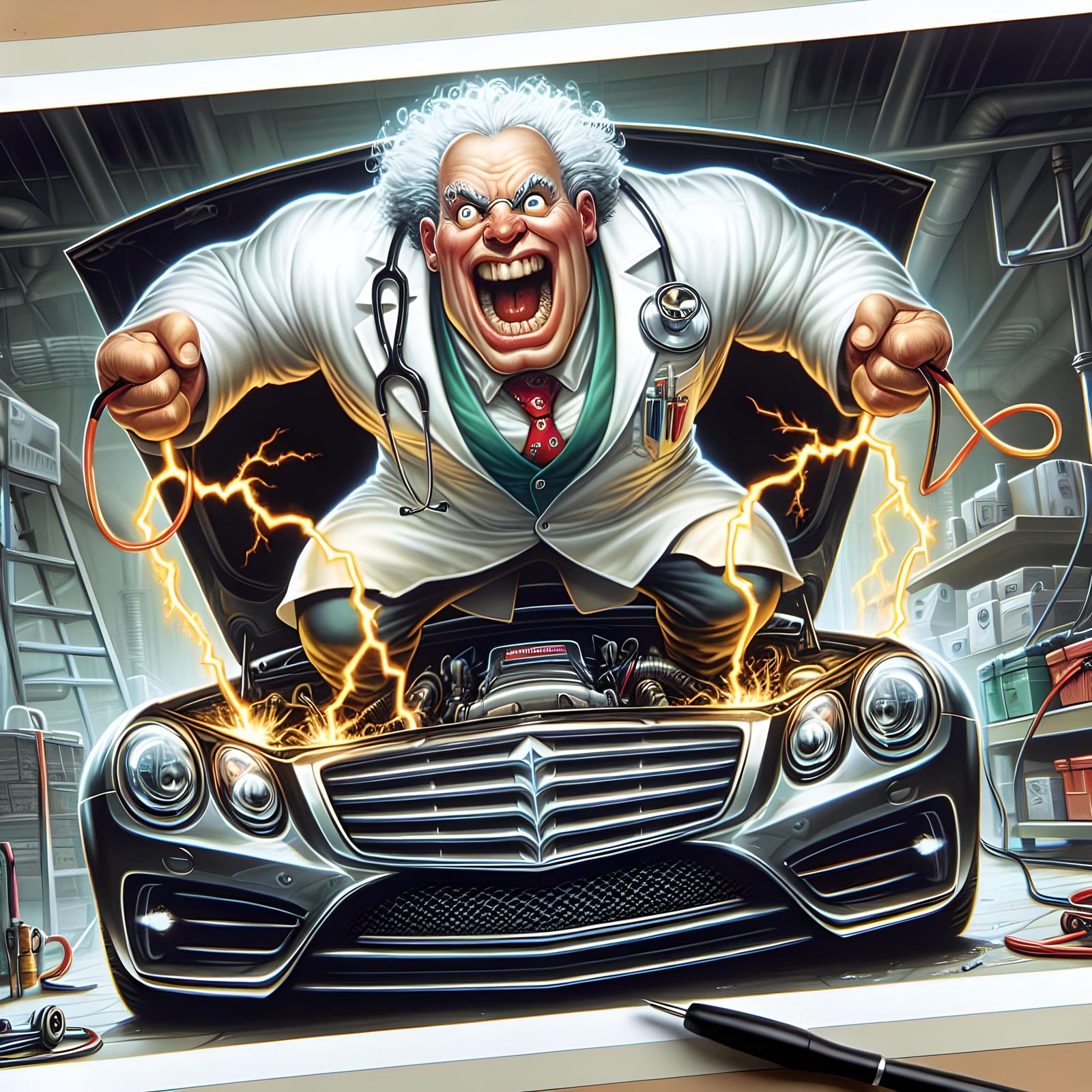 Cartoon Mad Scientist Caricature with Arcing Cables