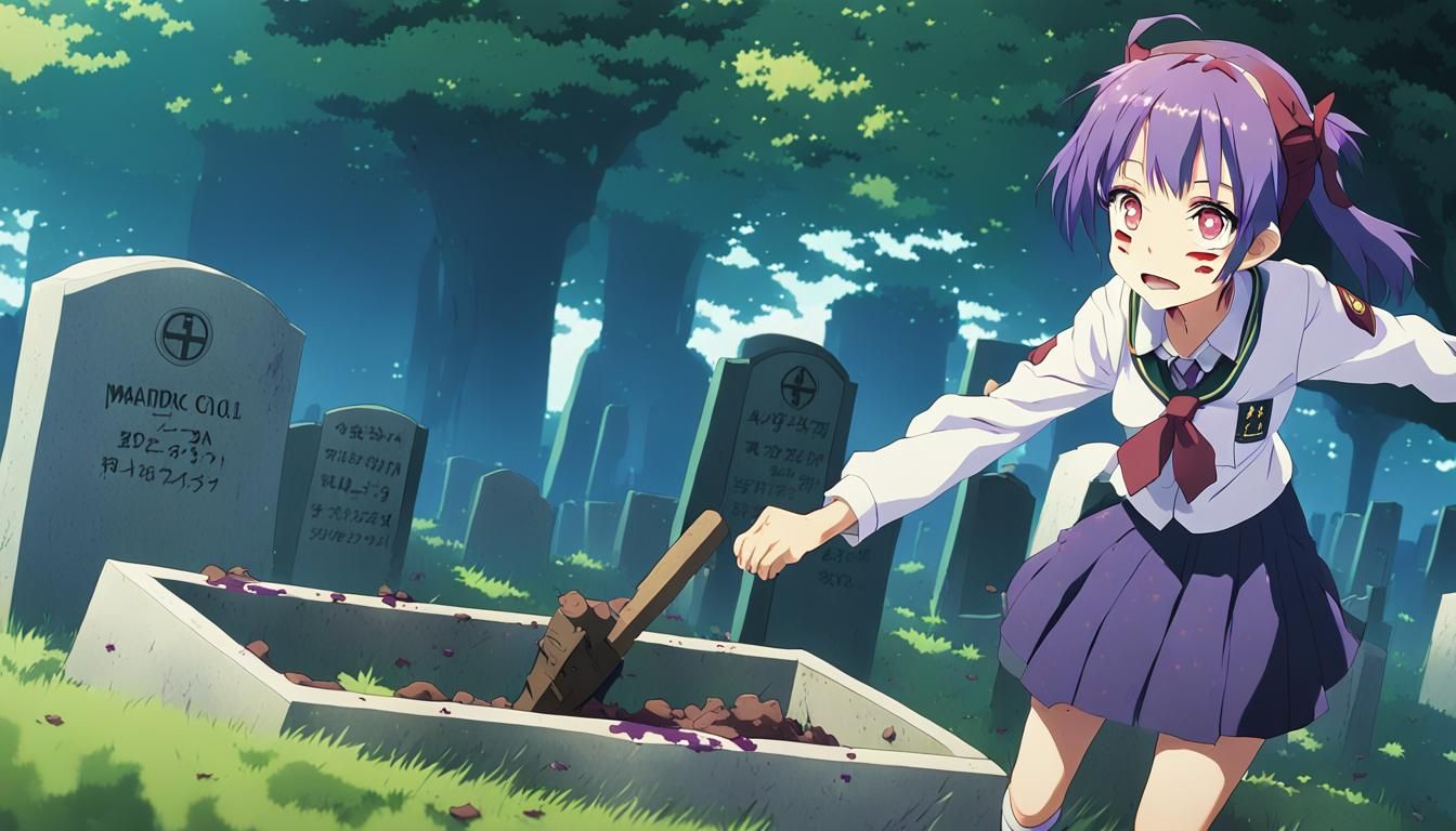 Anime Zombie Girl in Grave, Ghibli-Inspired Visual