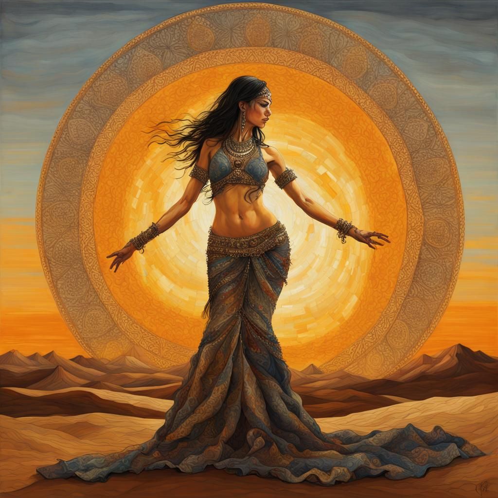 Desert Sunset Bellydancer in Oil Painting Style