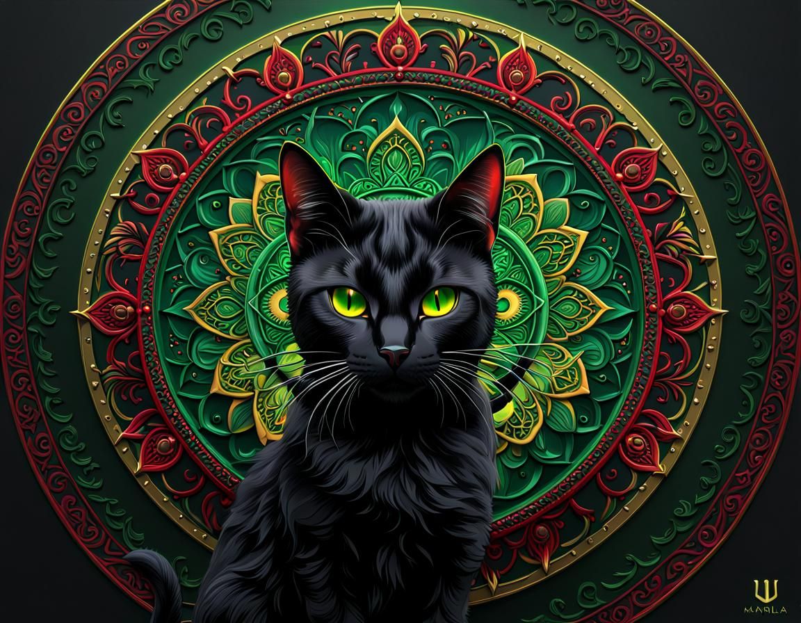 Black Cat Mandala with Yellow Eyes in Digital Art