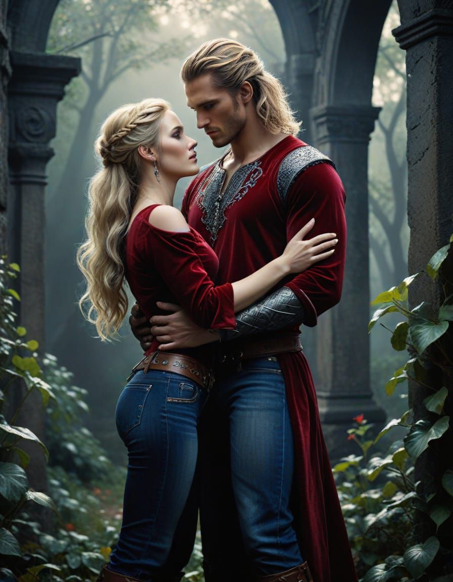 Ethereal Vampire and Lady Stand Amidst Dark Fantasy Castle G...