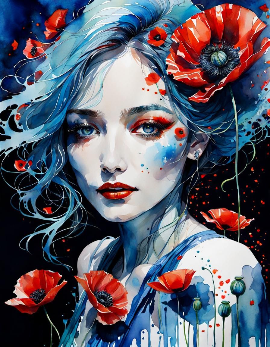 Ecstatic Woman in Poppies Watercolor Portrait