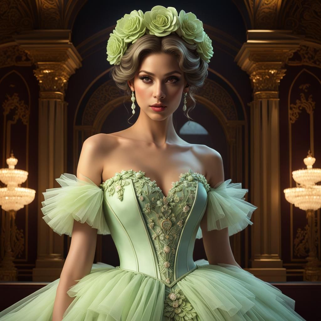 Woman in Pistachio Gown: Hyperdetailed Fantasy Portrait
