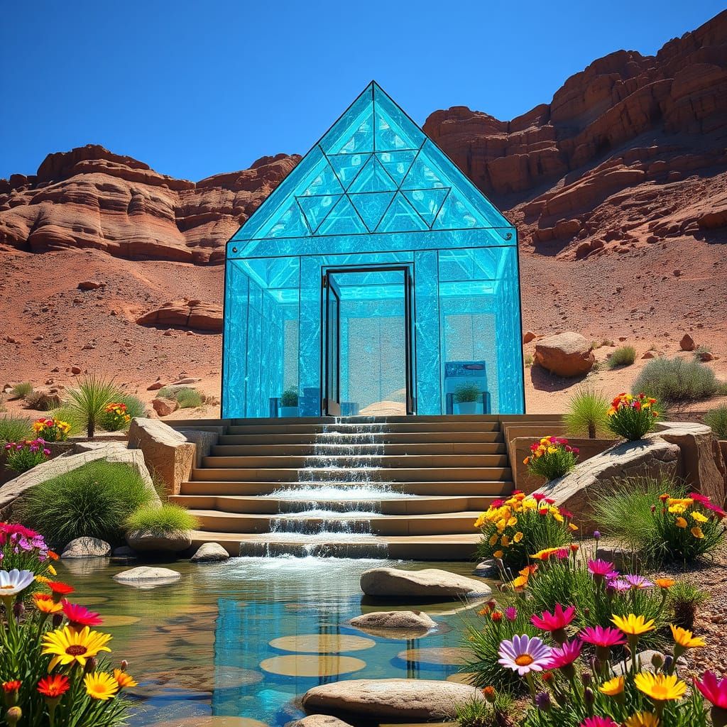 Glass Desert Temple with Water and Wildflowers