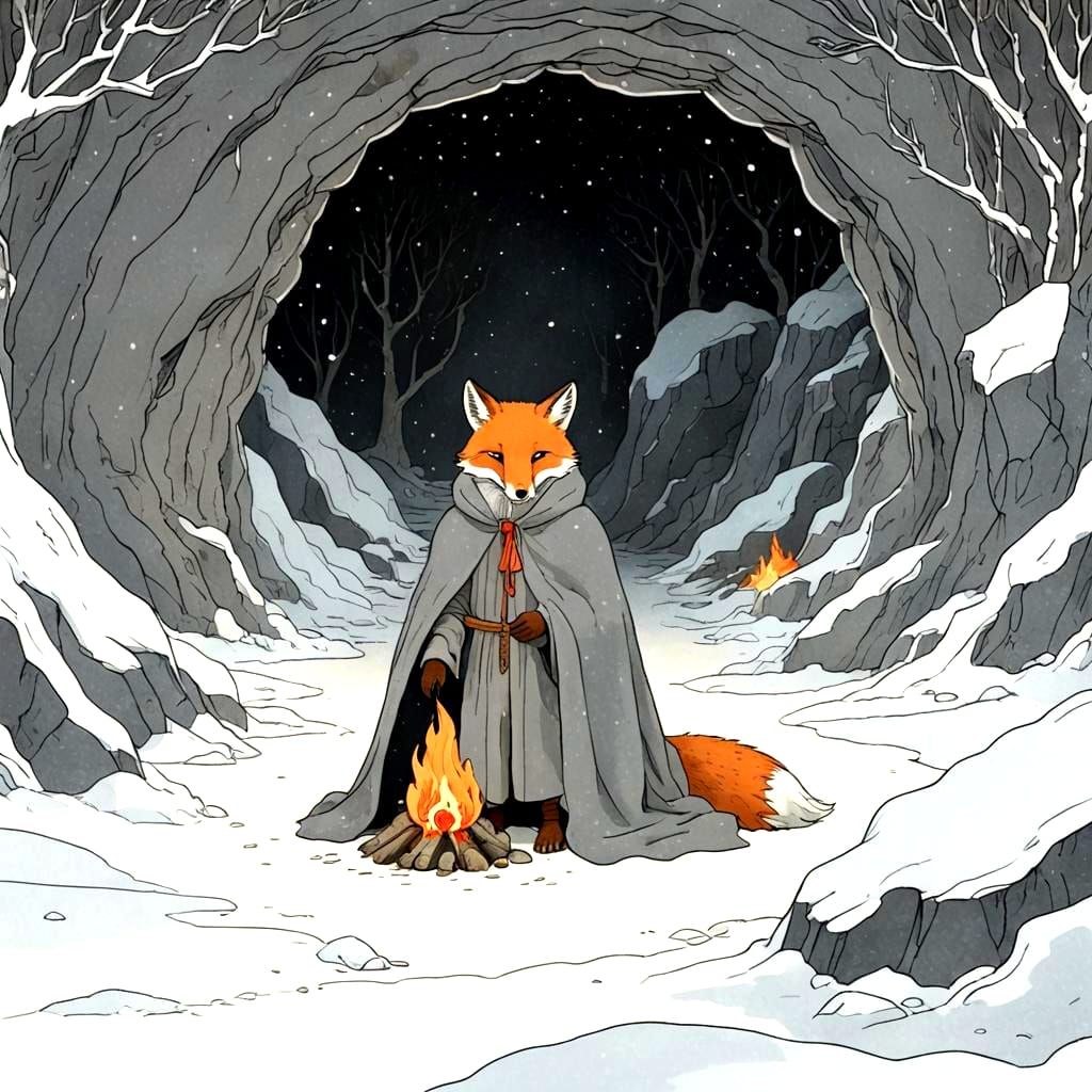 Fox Shelters from Blizzard, Storybook Illustration
