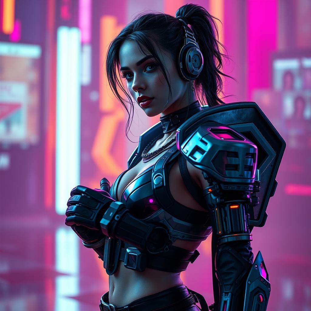 Cyberpunk Woman in Neon Armor, Dynamic Full-Body Pose