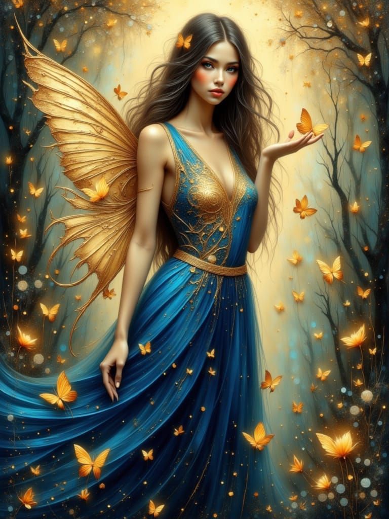 Ethereal Fairy in Royal Blue Dress with Golden Wings