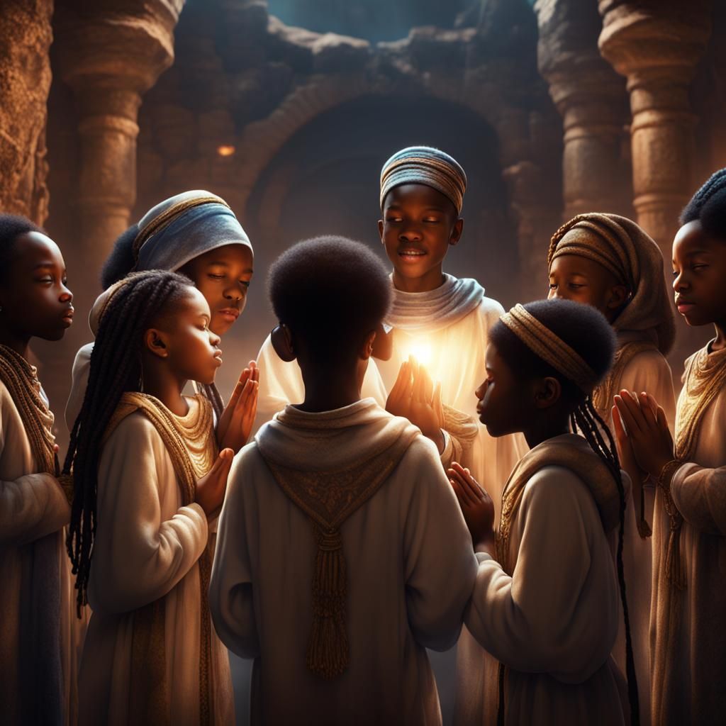 Children Praying with Divine Light, Detailed Matte Painting