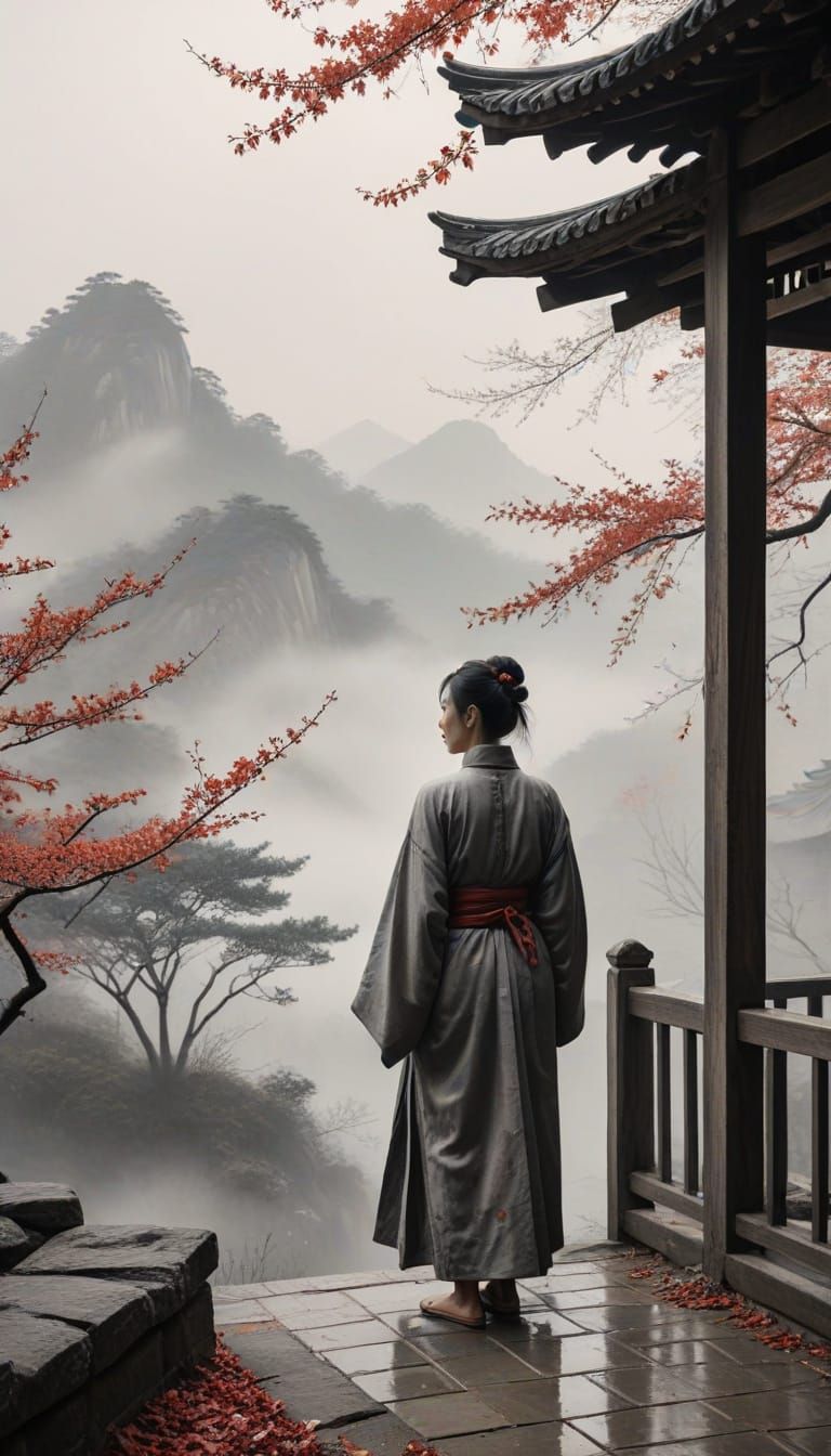 a traditional East Asian ink painting scene: a lone figure i...