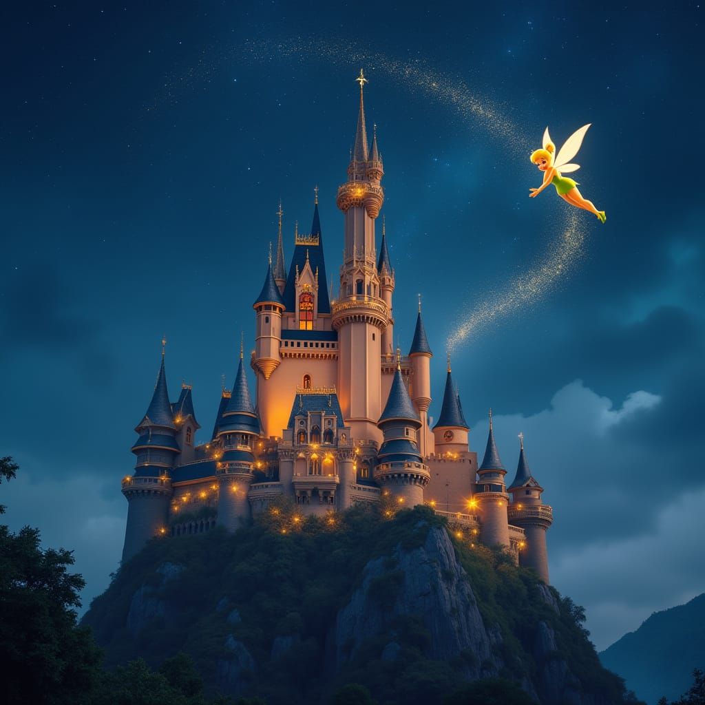 Tinker Bell Flies Over Magic Castle Scattering Pixie Dust