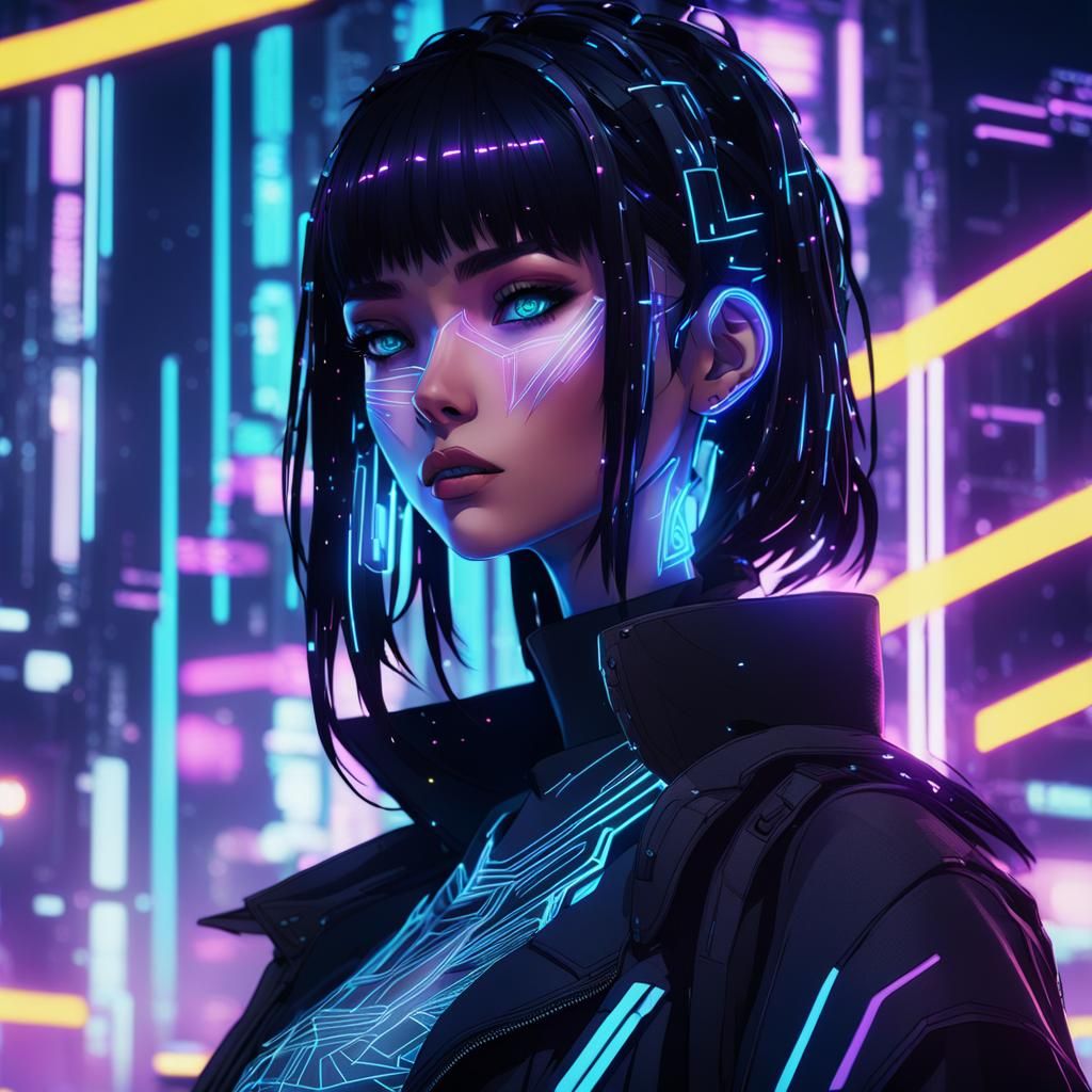 Surreal Cyberpunk Anime Goddess with Radiant Neon Hues