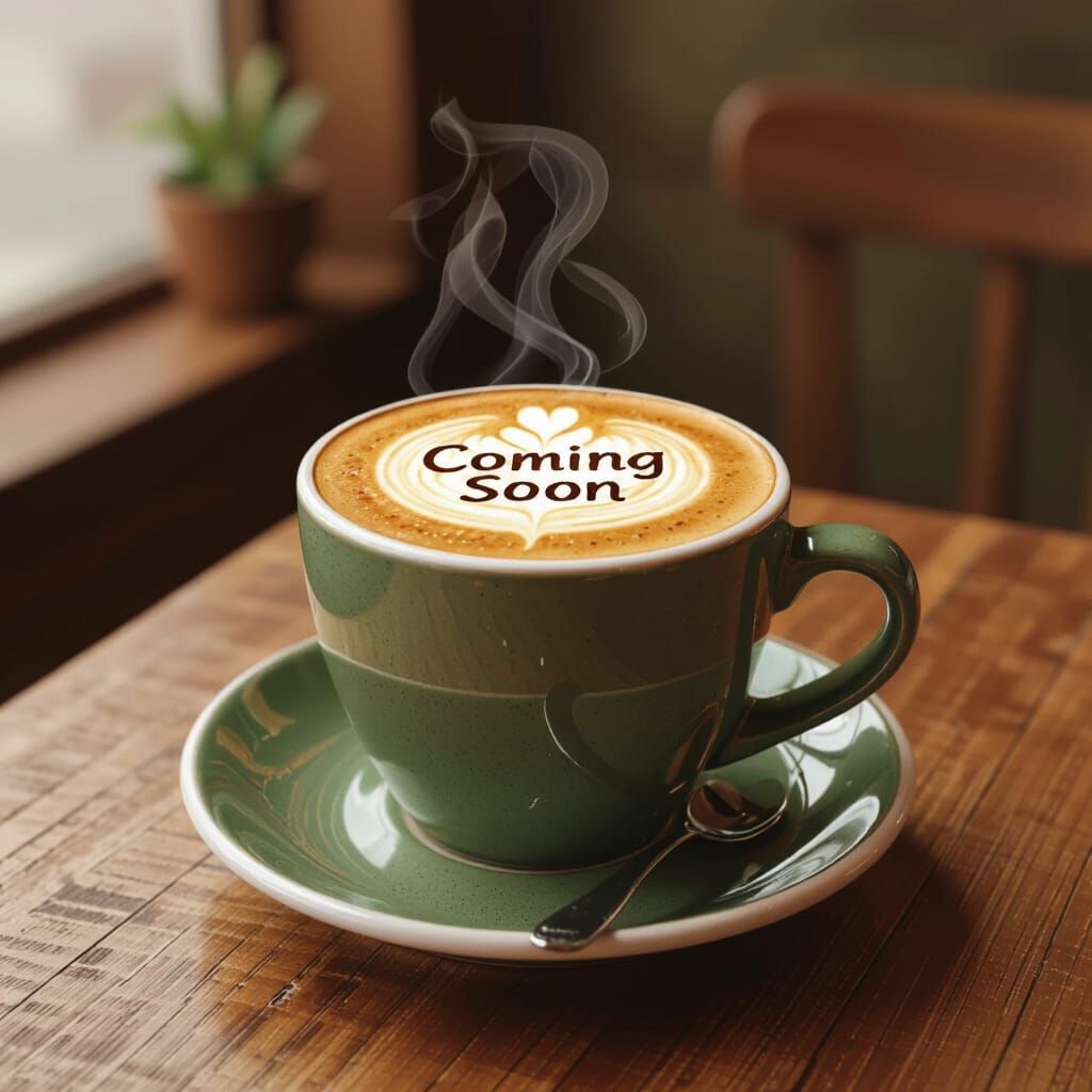 Cozy Coffee Cup with "Coming Soon" Latte Art on Wooden Table