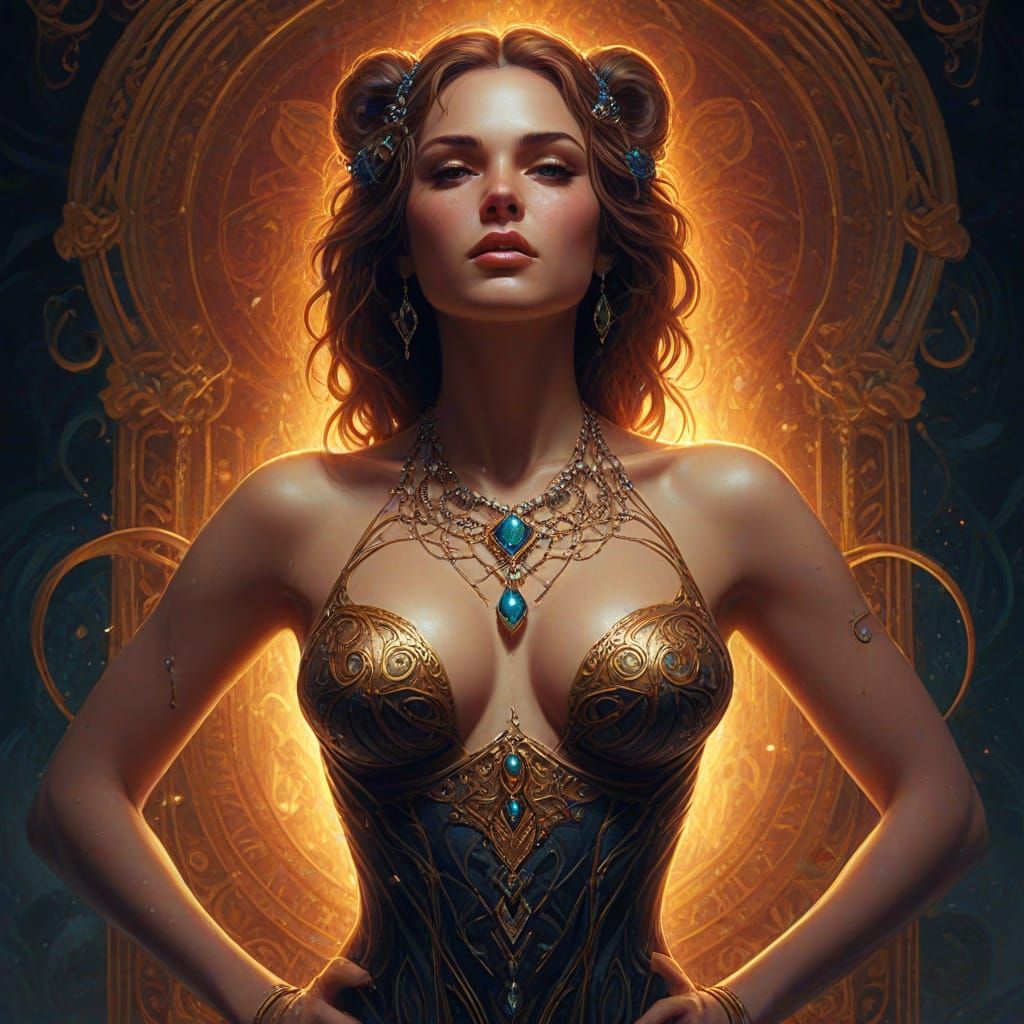 Jewel-Encrusted Woman with Poison Symbol in Art Nouveau Styl...