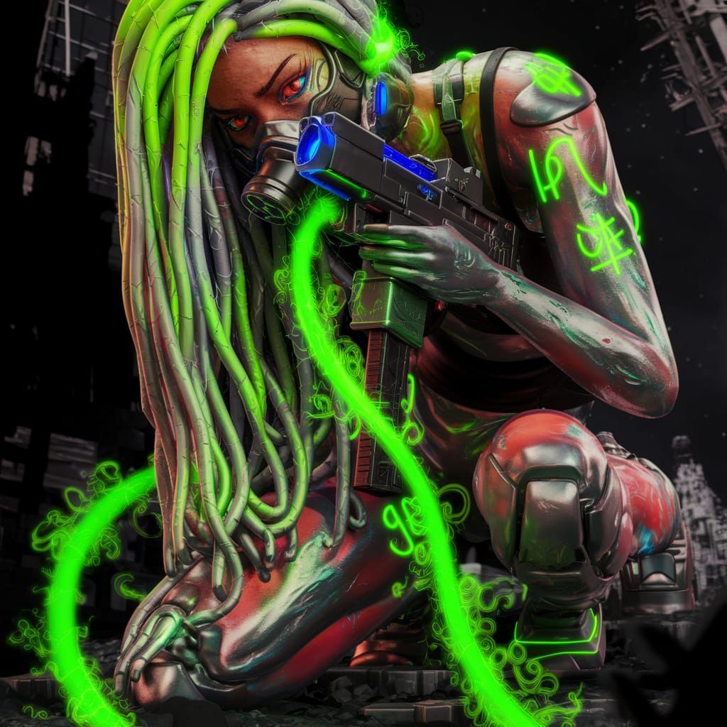 Cyborg Rasta Girl in Post-Apocalyptic Cityscape