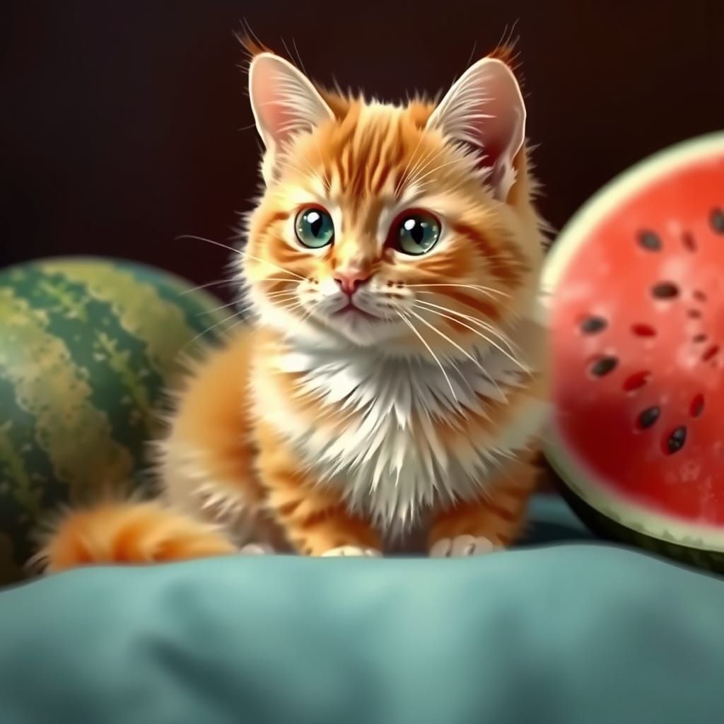 Ginger Cat and Watermelon with Vibrant Colors
