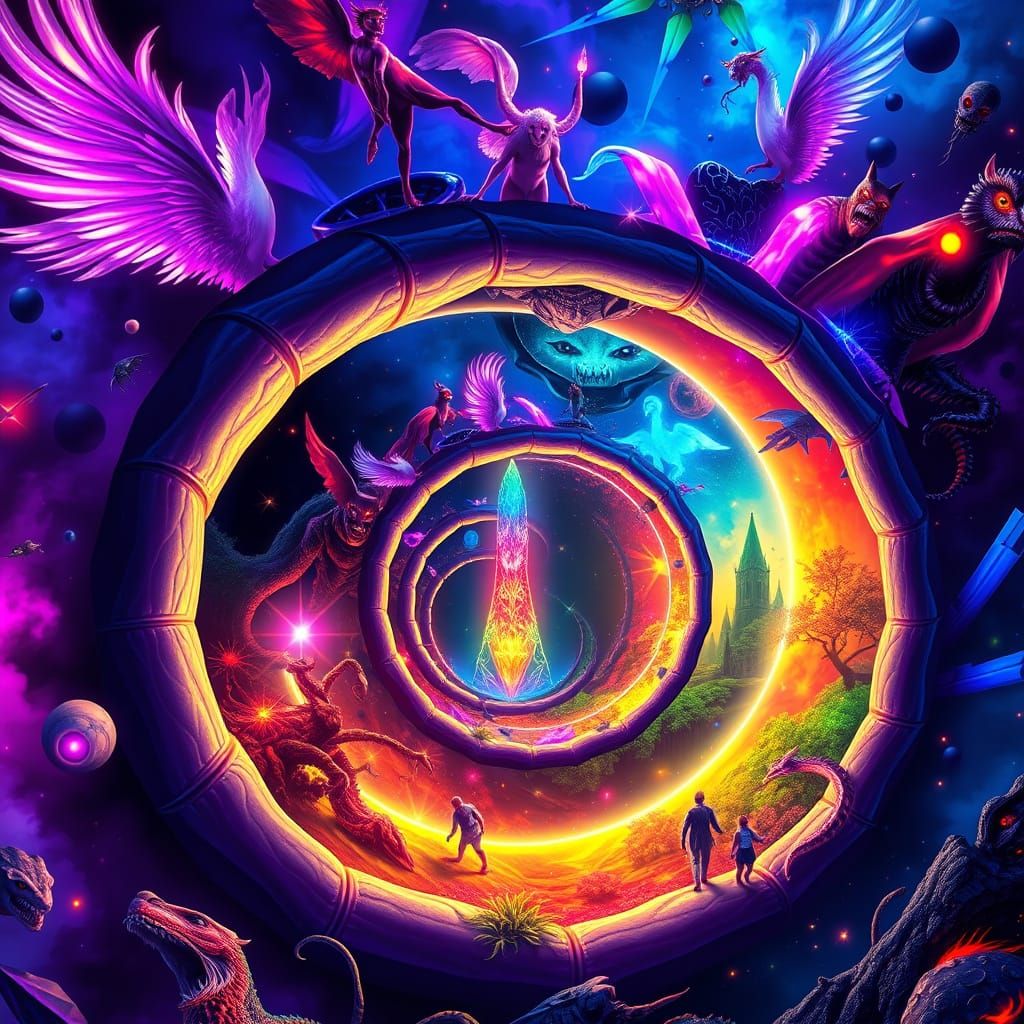 Vibrant Neon Pop Art Depiction of Spiral Shell Bridge in Six...