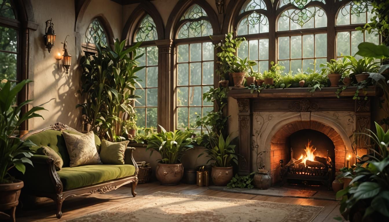 Elegant Elven Interior with Fireplace and Green Plants