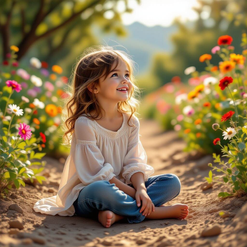Young Girl Amazed by Blooming Earth in Hyperrealistic Style