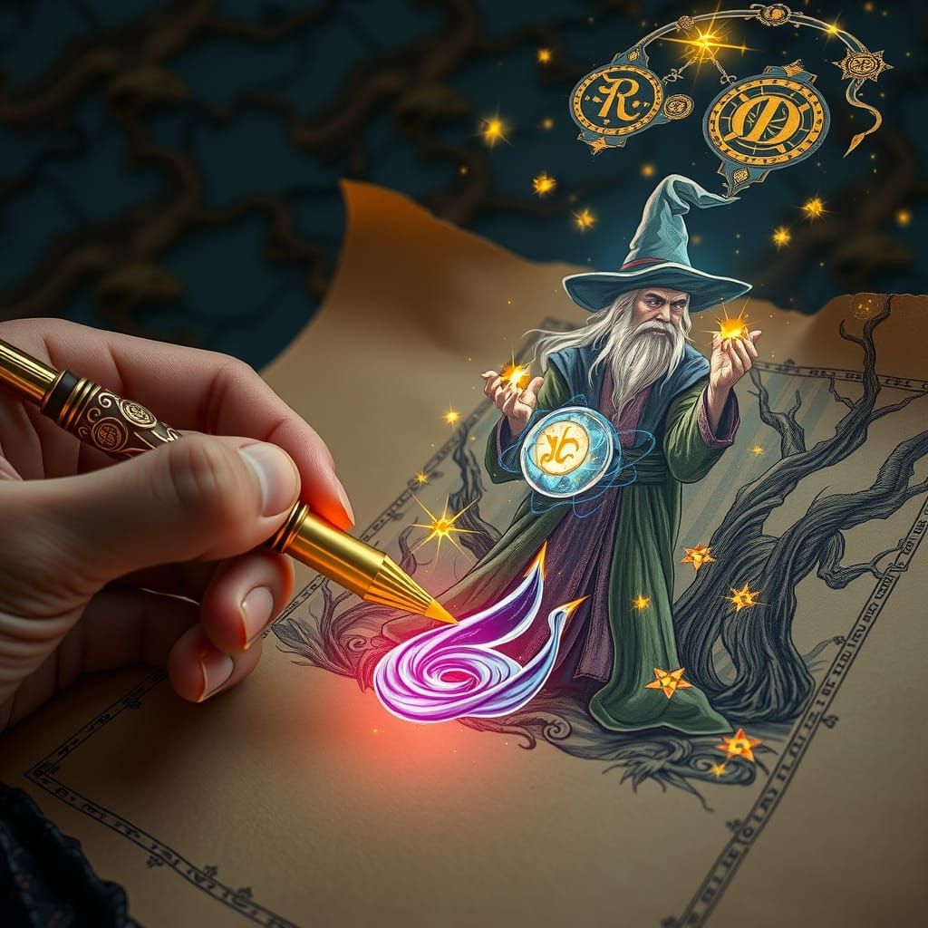 Hand Drawing Wizard Magic on Parchment