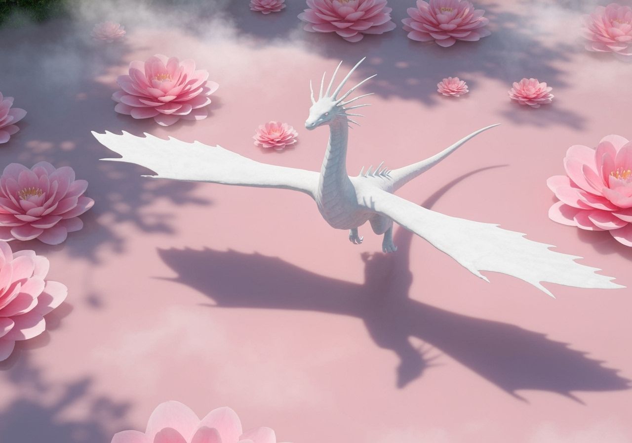 Ghostly Dragon Over Pink Pond in Surreal Fantasy Style
