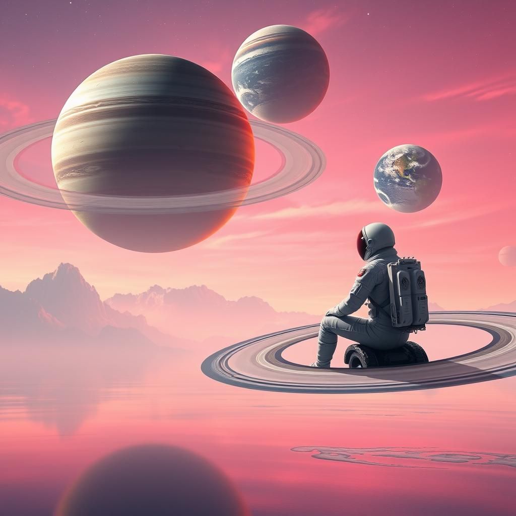 Astronaut on Saturn's Rings in Sci-Fi Landscape