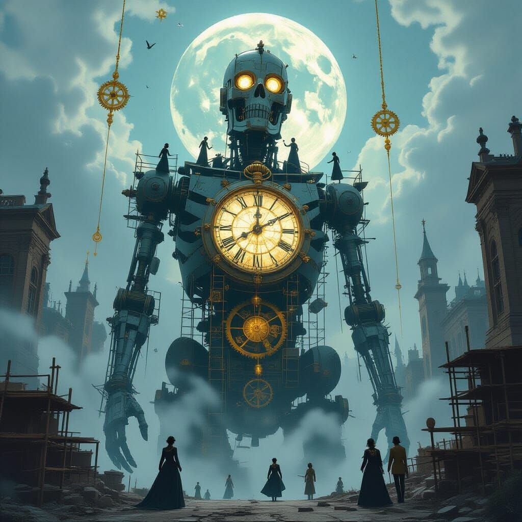 Colossal Automaton City with Ruined Clocktower and Shattered...