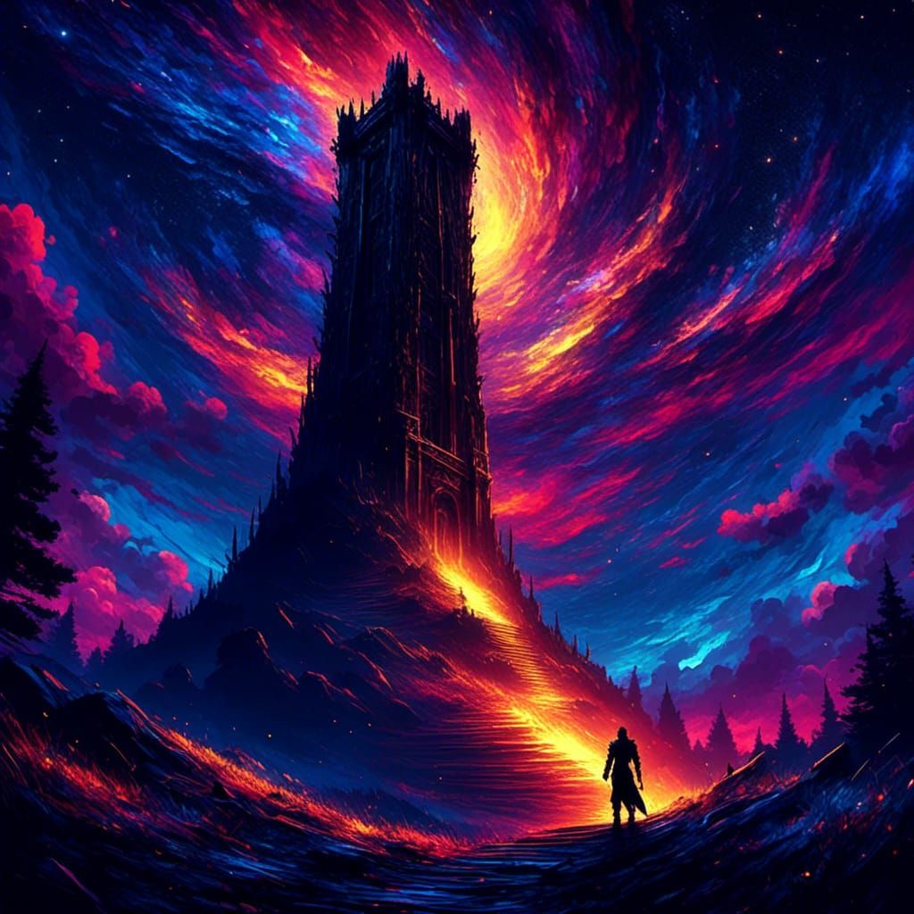 Epic Black Tower on Hill at Night