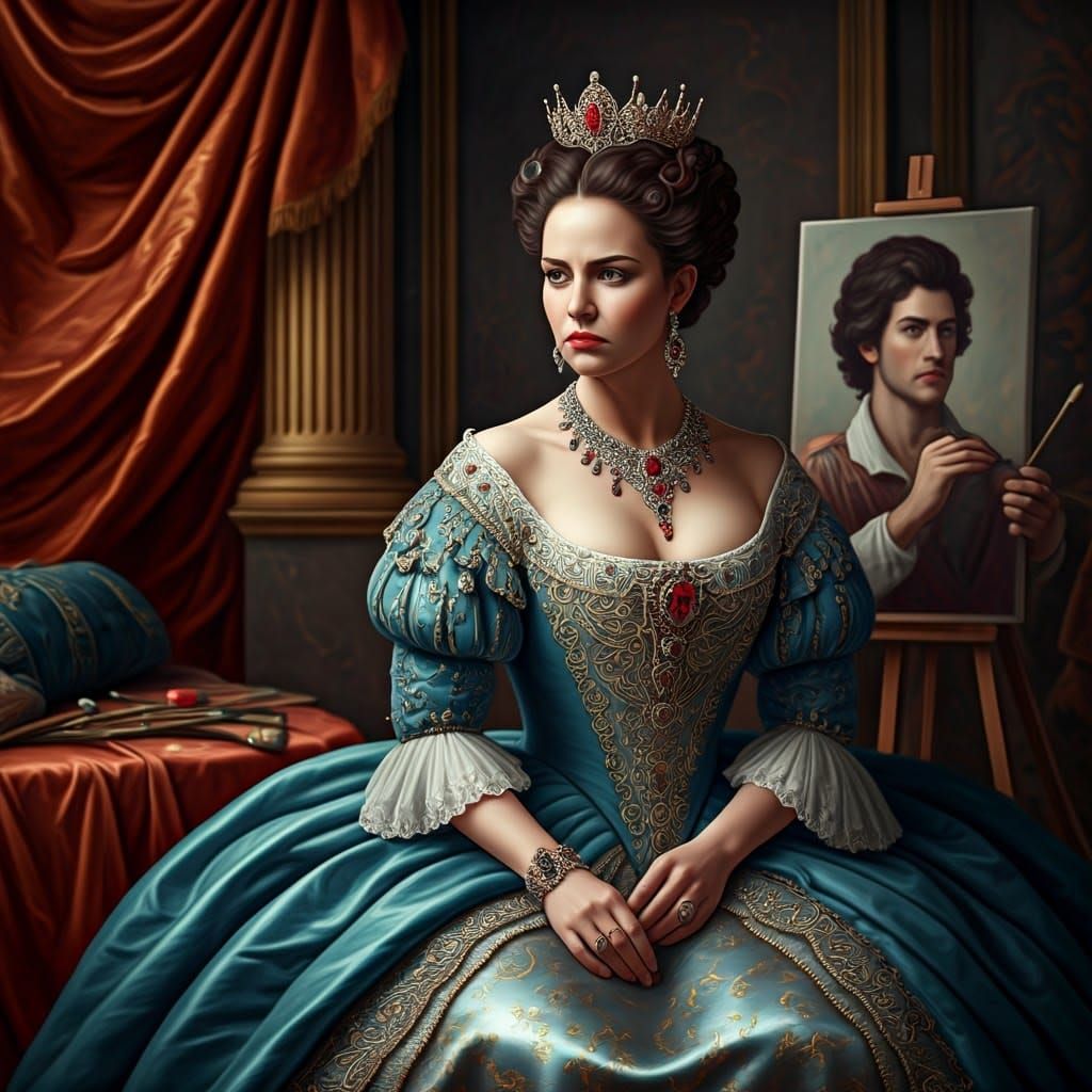 Regal Beauty with a Frown, Painted in Opulent Style