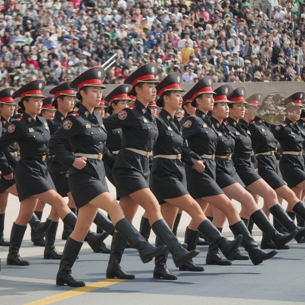 Women Warriors in Korean Parade, Dazzling in Black Leather B...