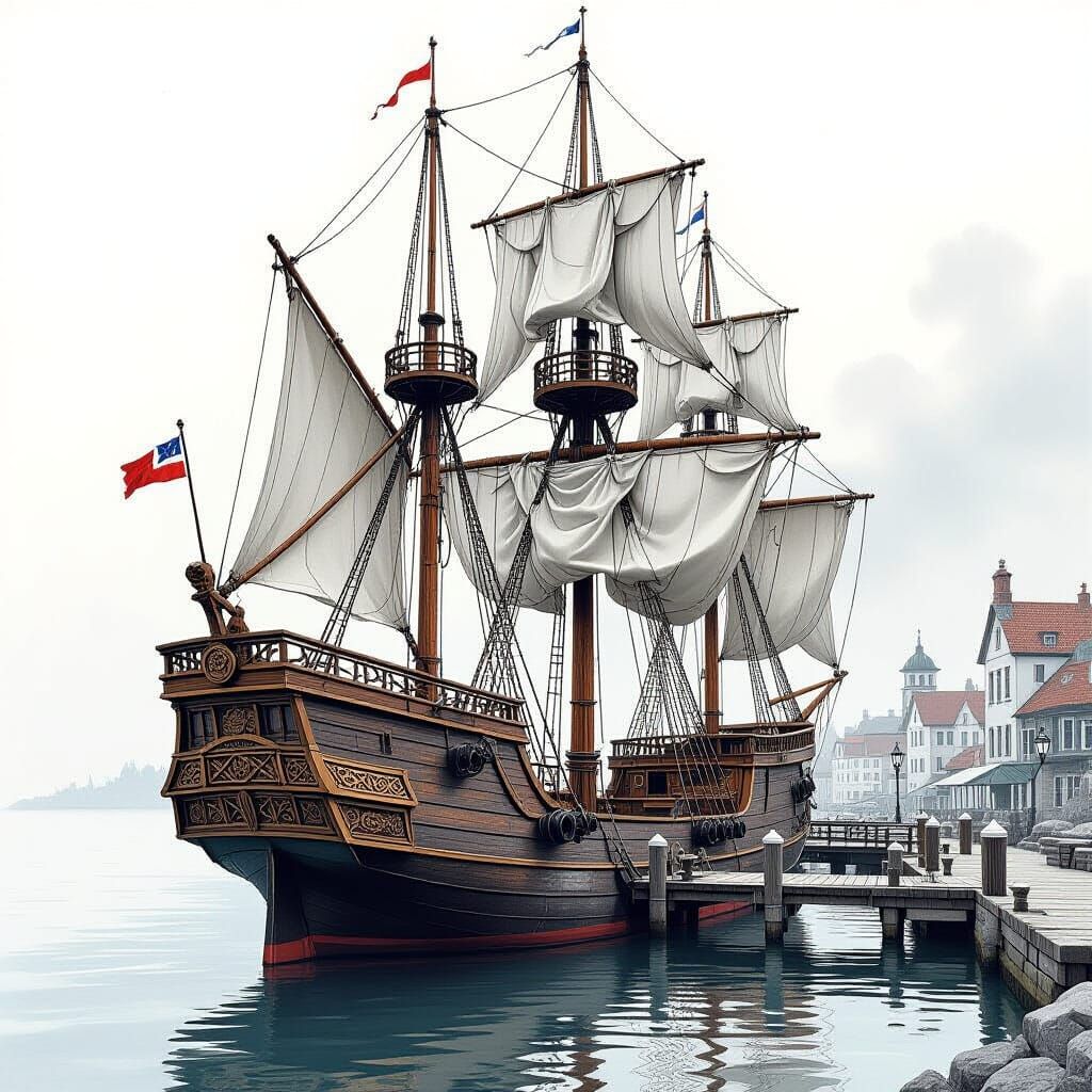 Majestic Ship in Harbor: Charcoal Drawing Style