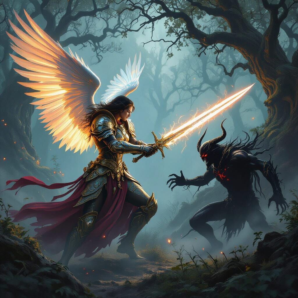 Angel Warrior Battles Demon in Mystical Forest